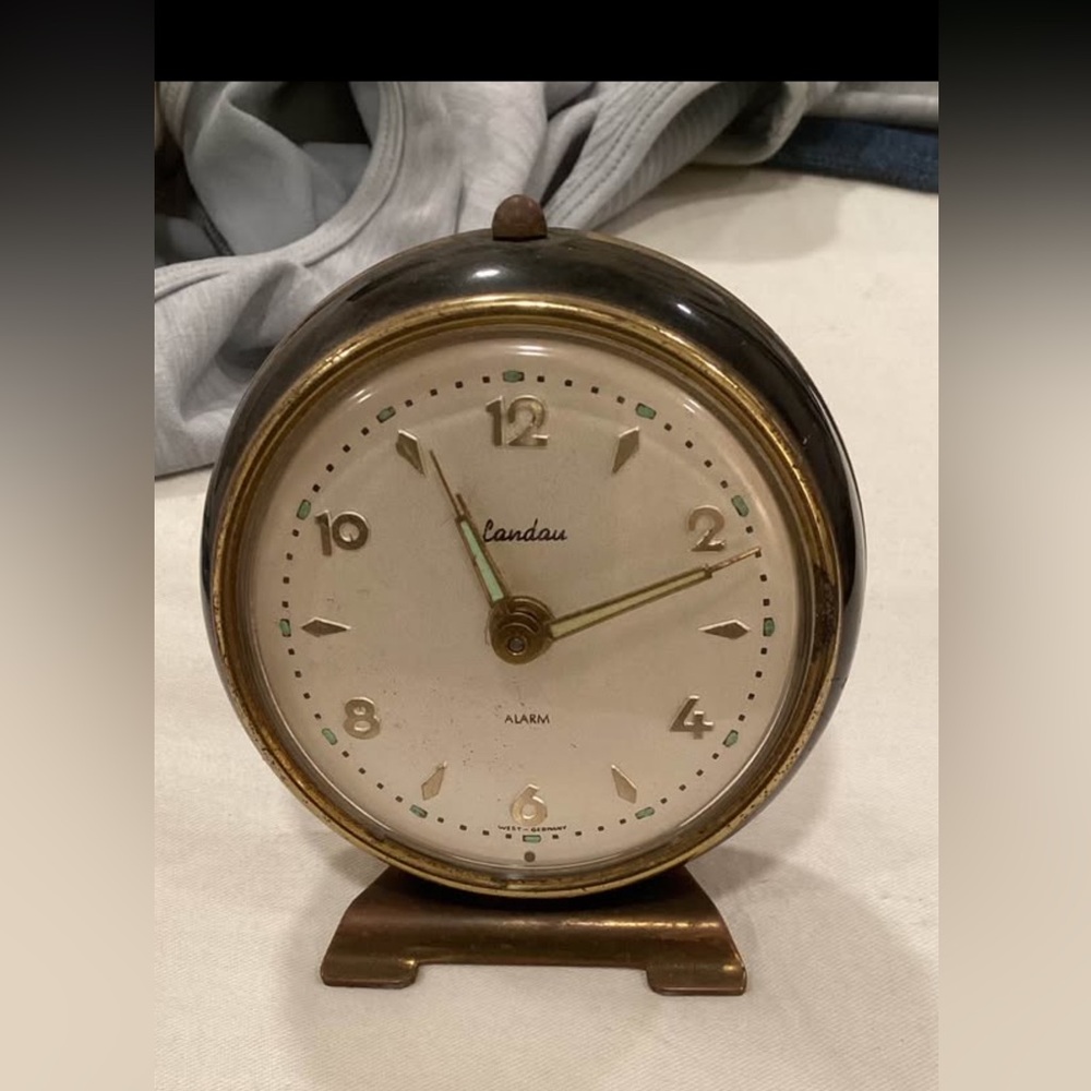 Landau Brass and White Round Alarm Clock VTG/Antique